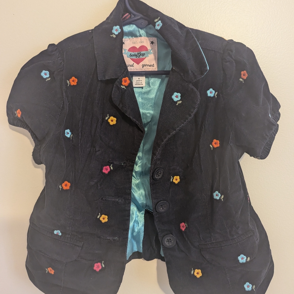 EUC Baby Gap 2006 Girls Size 5 Blue Corduroy Floral Satin Lined Blazer Y2K